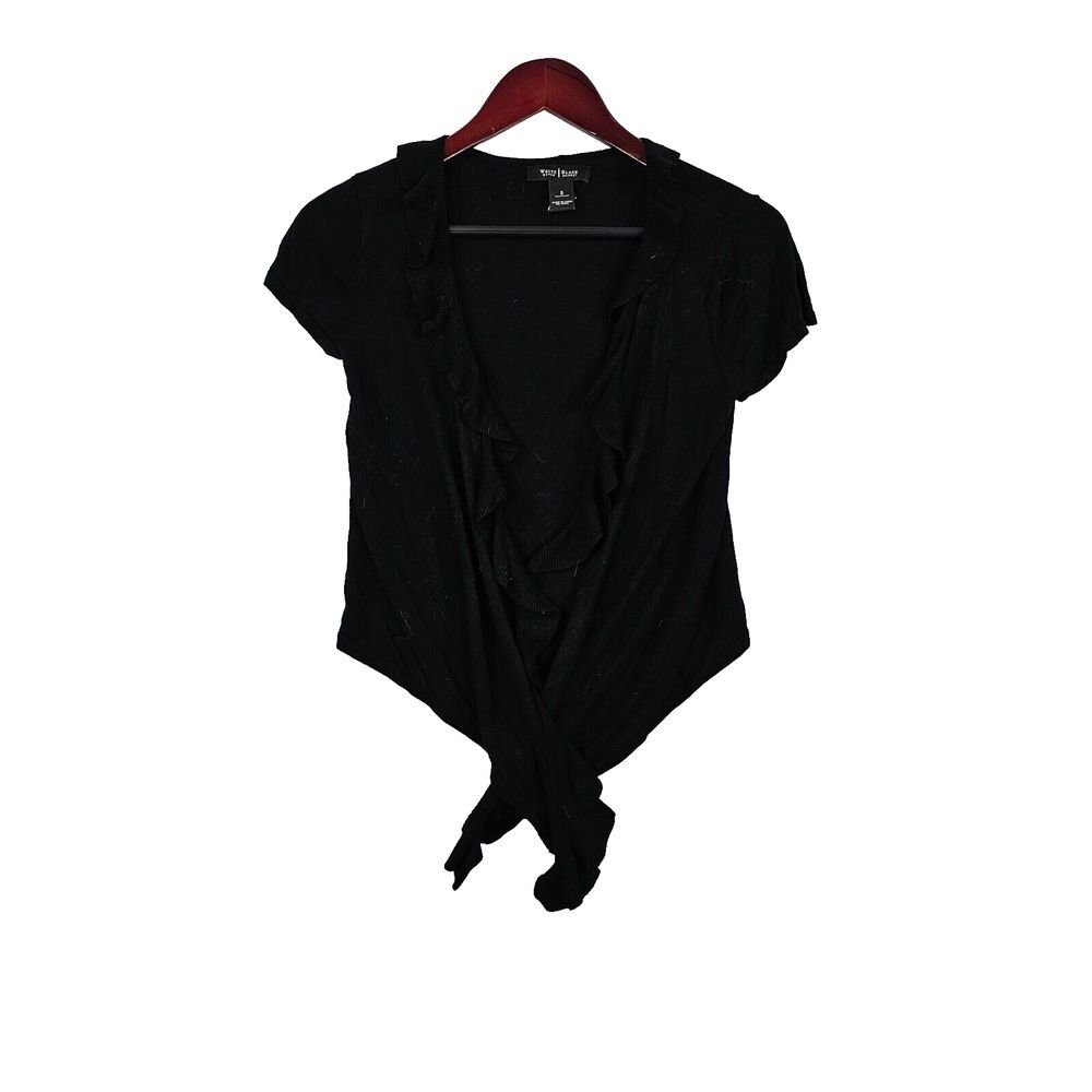 White House Black Market Black Cardigan Sweater Ruffle Front Silk Blend Small